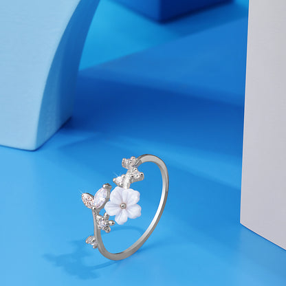 'White Flower Stone Leafs' Silver Ring