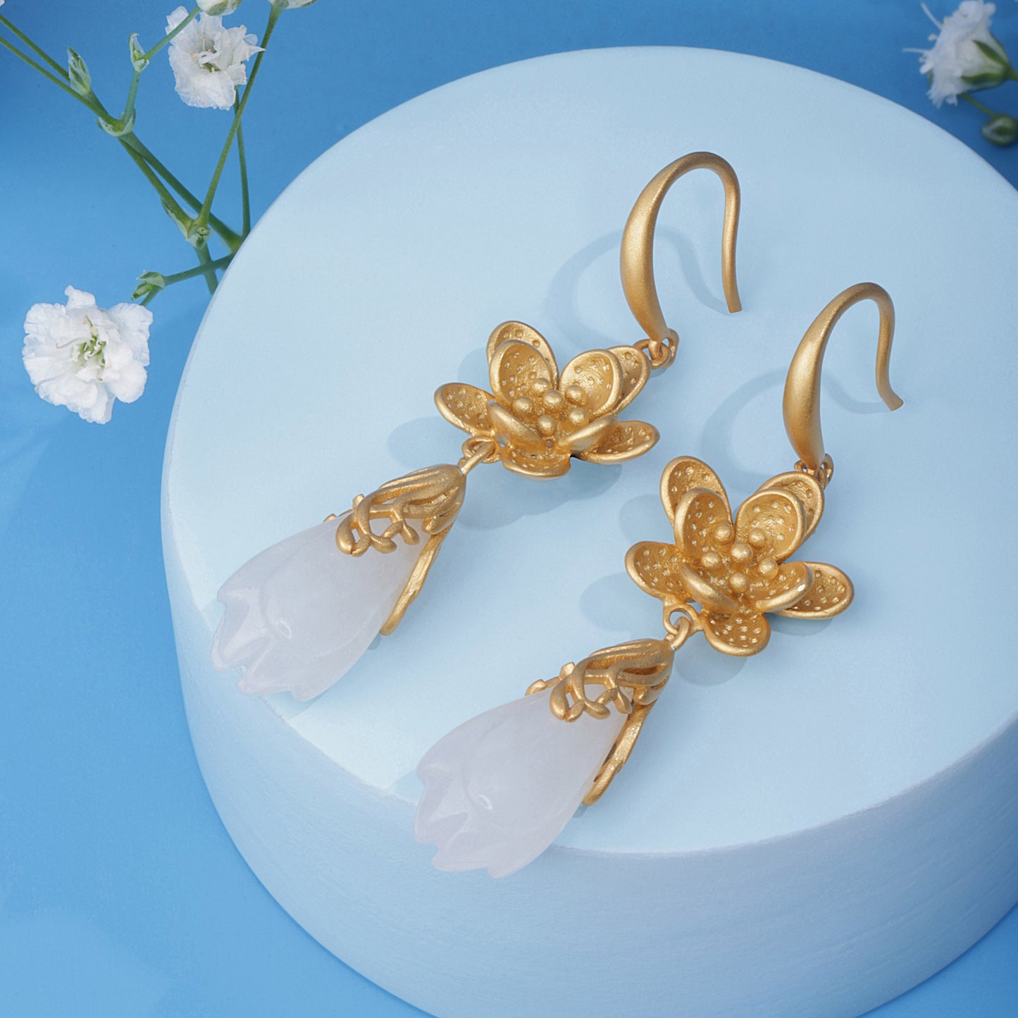 'Gilded Plum Blossom' Drop Golden Flowers Earrings