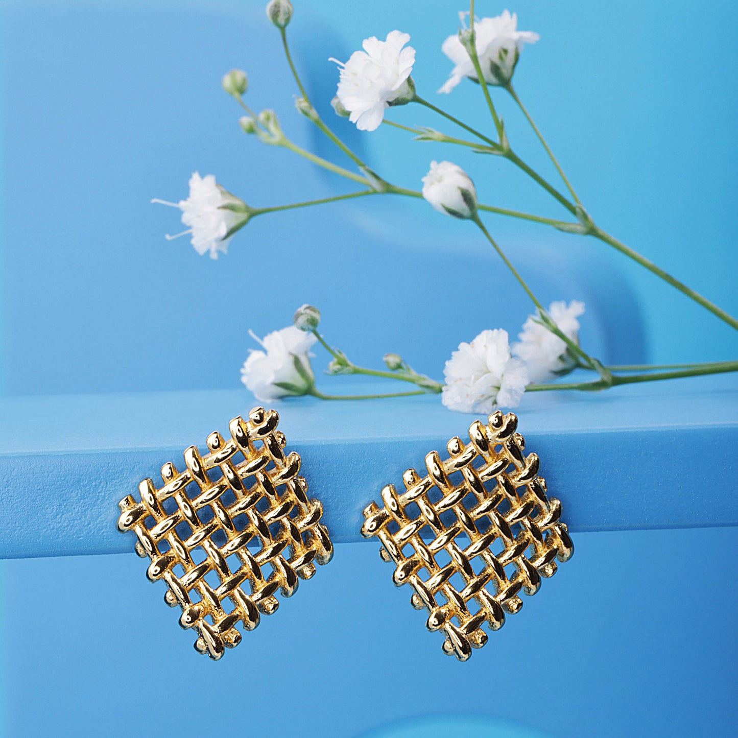 'Hollow Square Basket Weave' Gold Plated Earrings