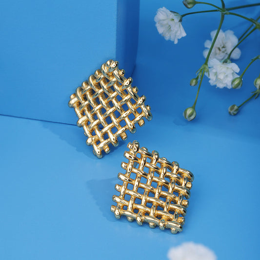 'Hollow Square Basket Weave' Gold Plated Earrings