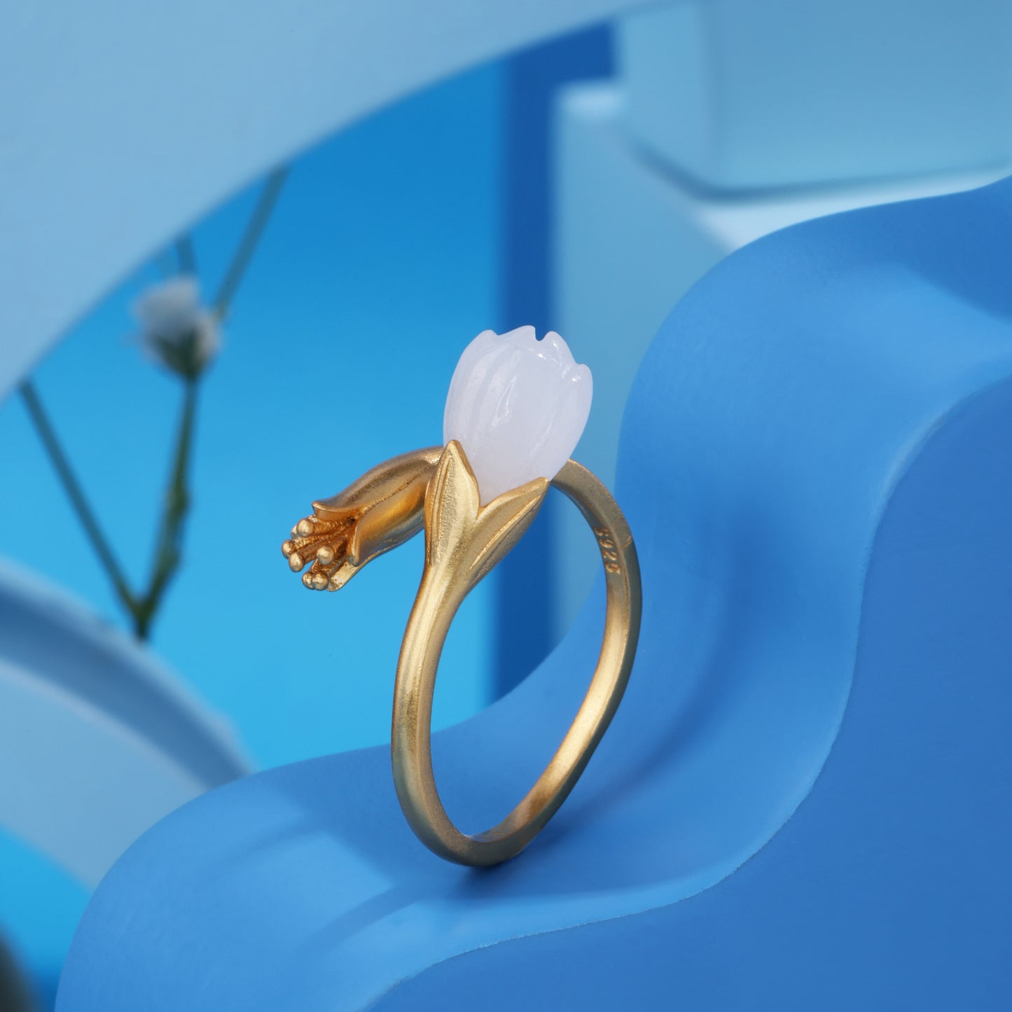 'Nephrite Magnolia' Flower Gold Plated Ring