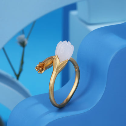 'Nephrite Magnolia' Flower Gold Plated Ring