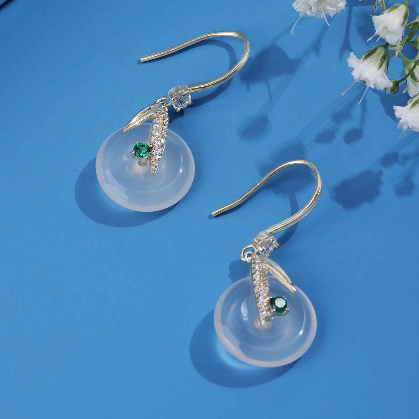 'Sterling Gold Plated Ping' White Jade Earrings