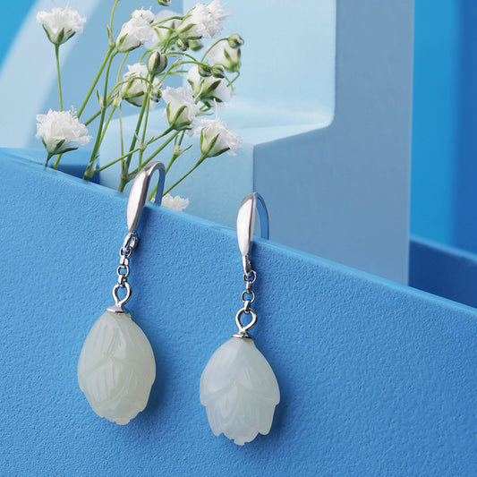 'White Jade Floral' Silver Earrings