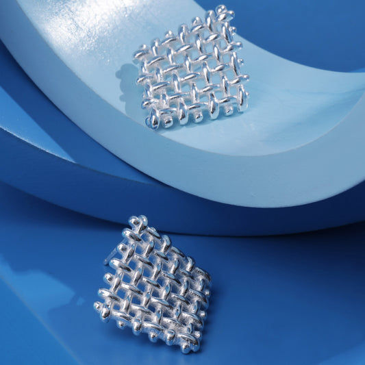 'Hollow Square Basket Weave' Silver Earrings