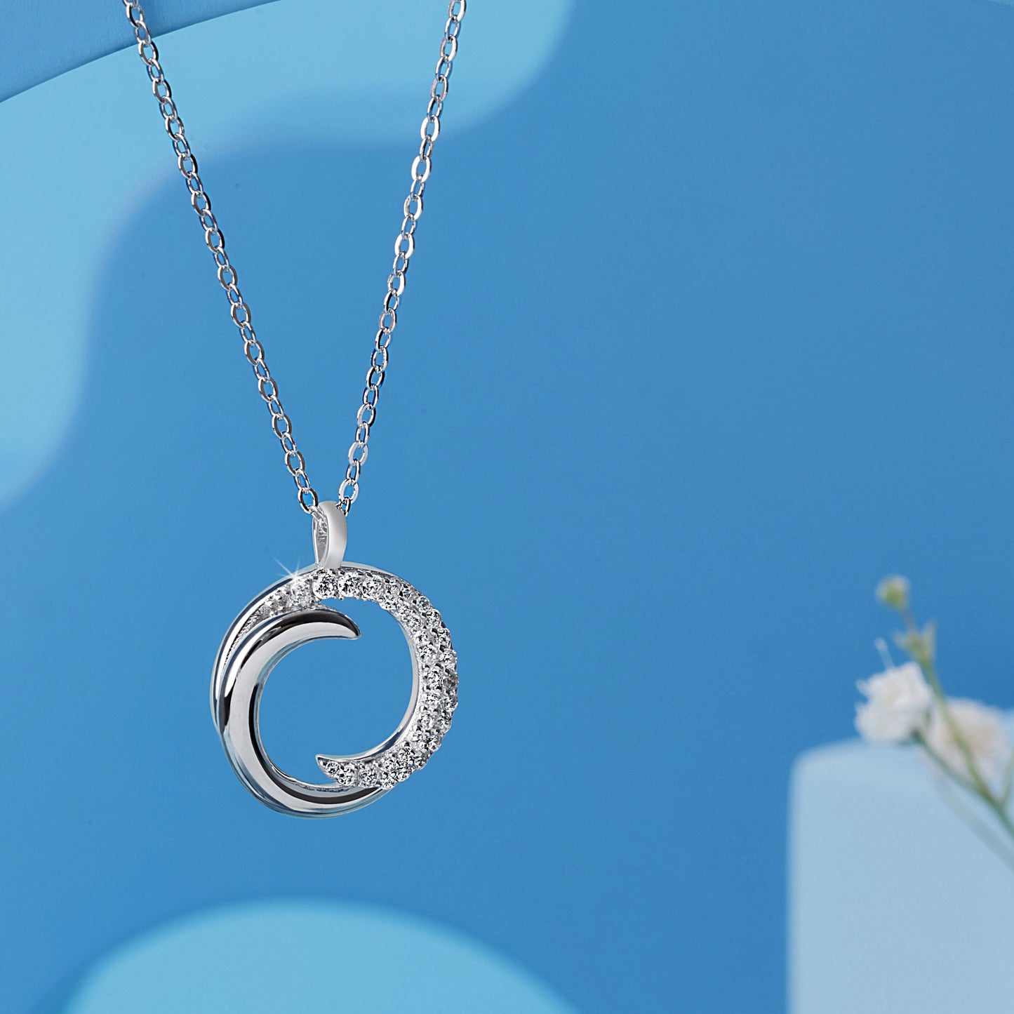 'Cubic Zirconia Crescent Moon' Silver Pendent