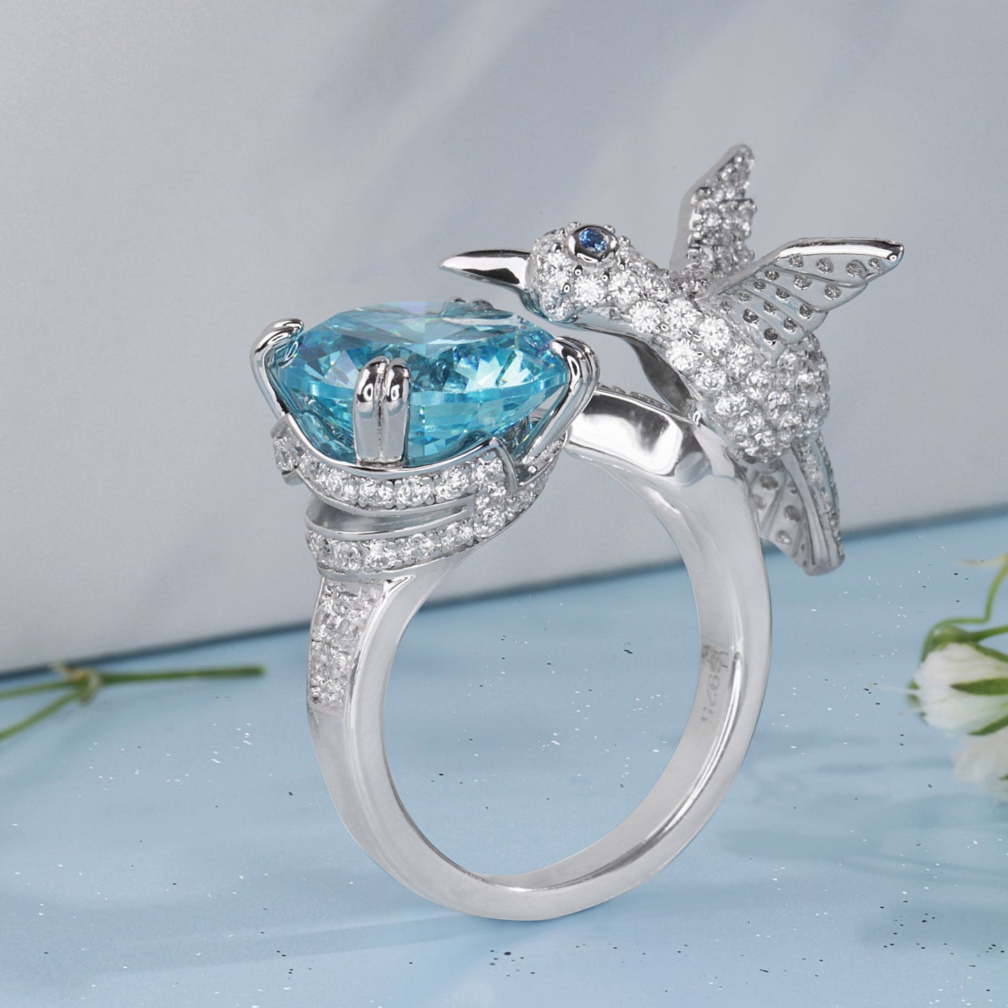 'Hummingbird Open' Blue Gem Silver Ring