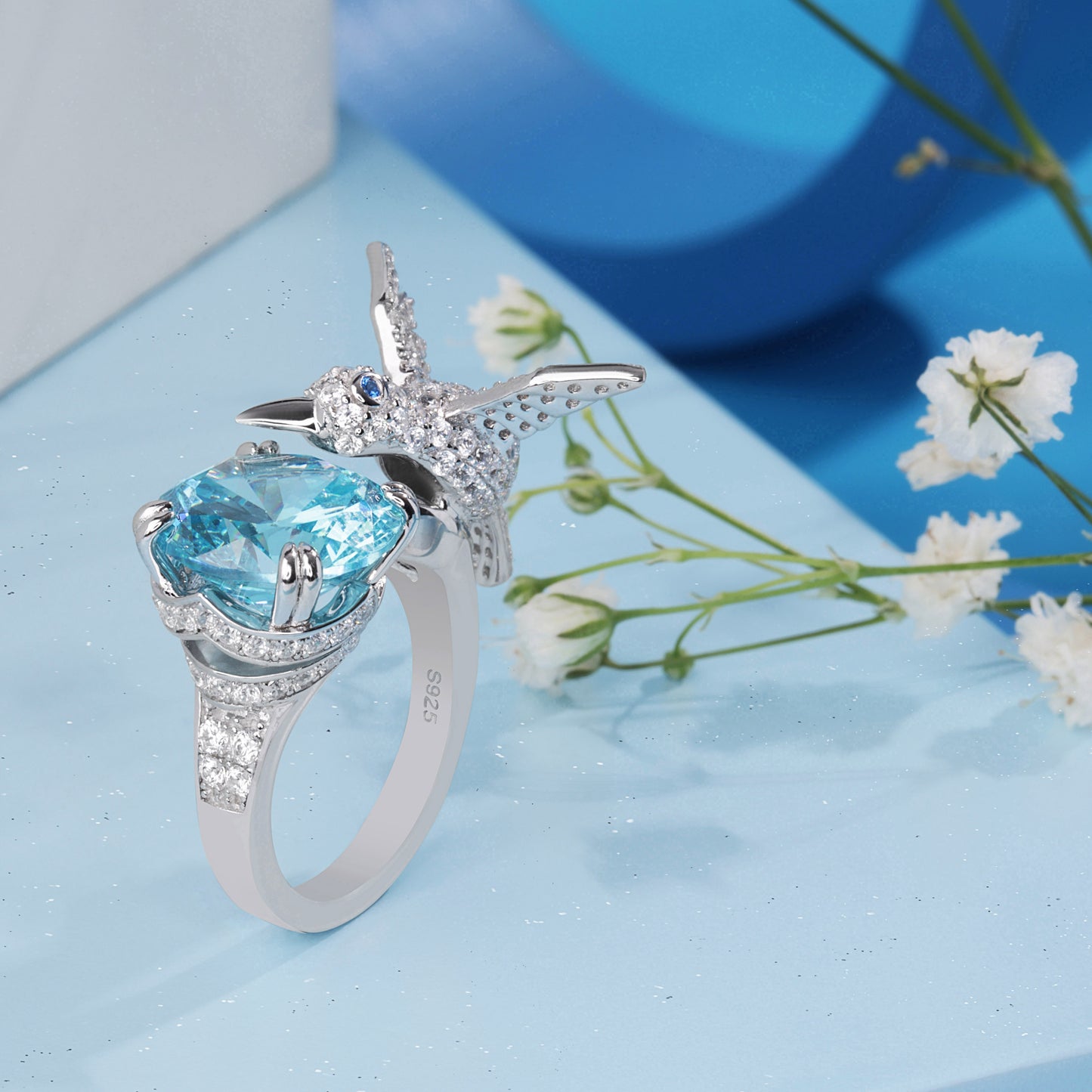 'Hummingbird Open' Blue Gem Silver Ring