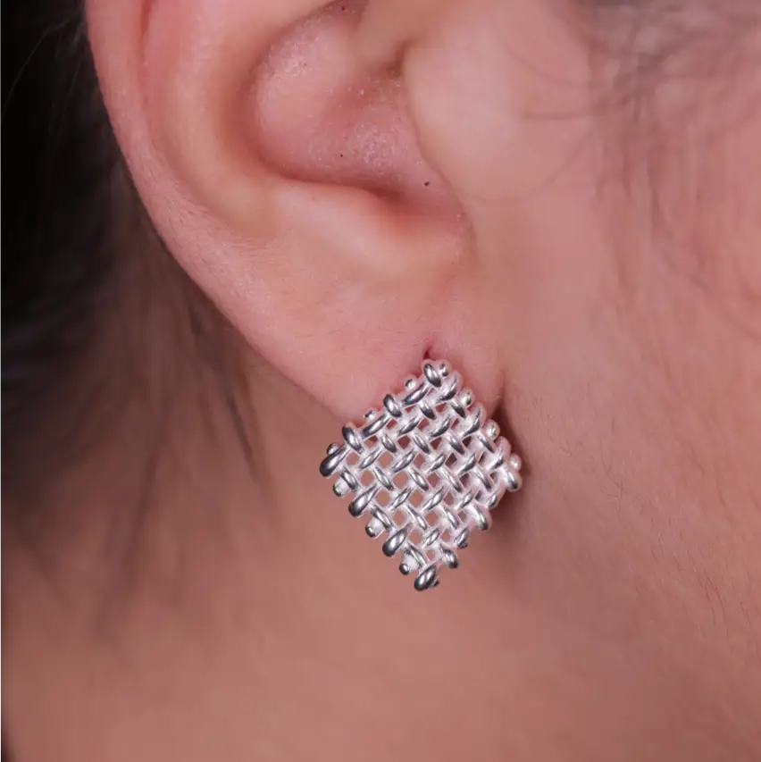 'Hollow Square Basket Weave' Gold Plated Earrings