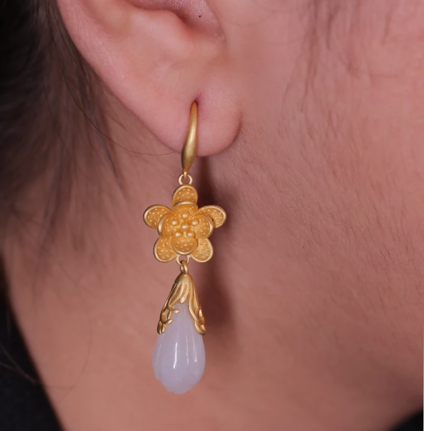 'Gilded Plum Blossom' Drop Golden Flowers Earrings