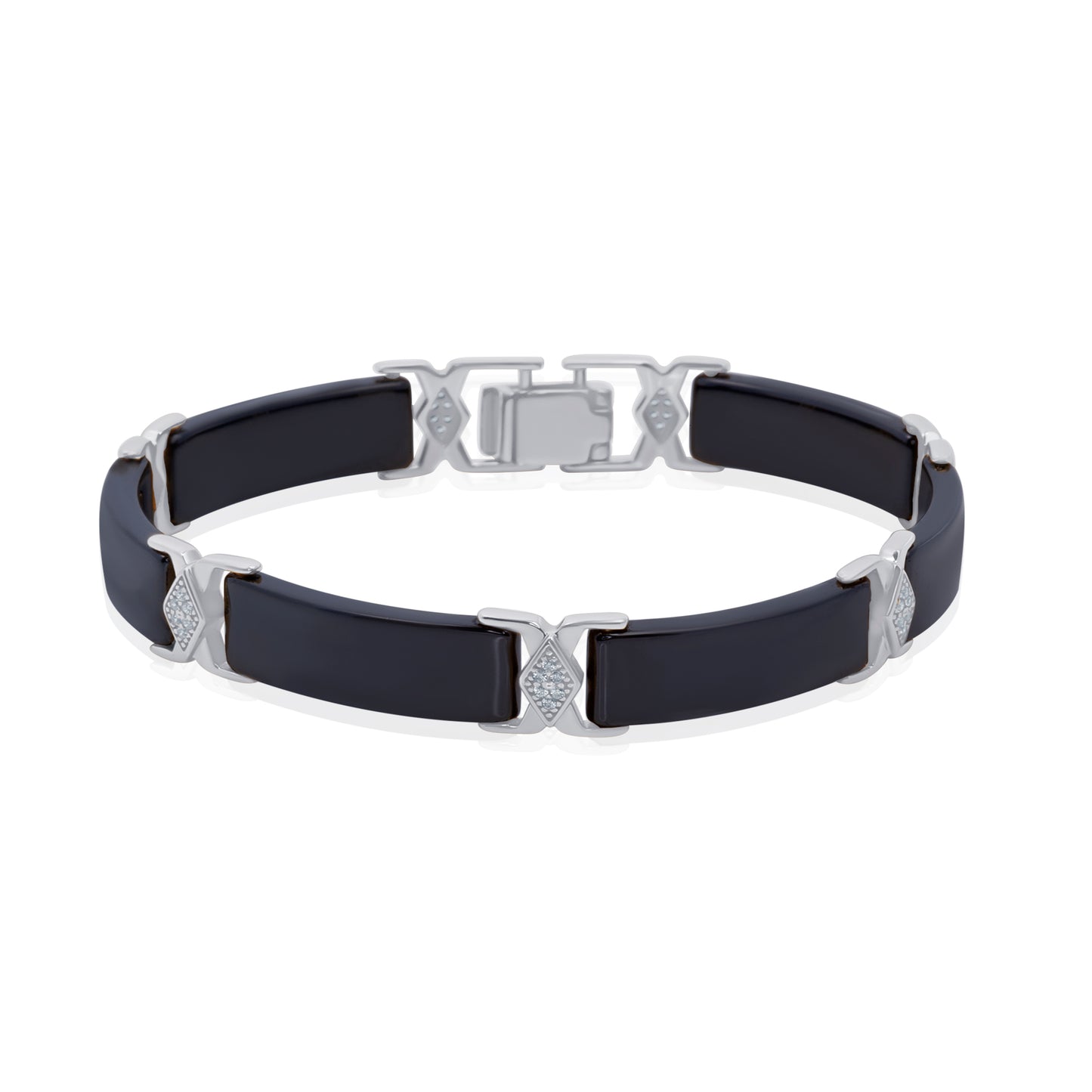 'Black Rectangle Ceramic' Silver Men Bracelet