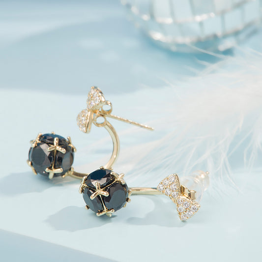 'Golden Plated Bow' with Black Nug Earrings