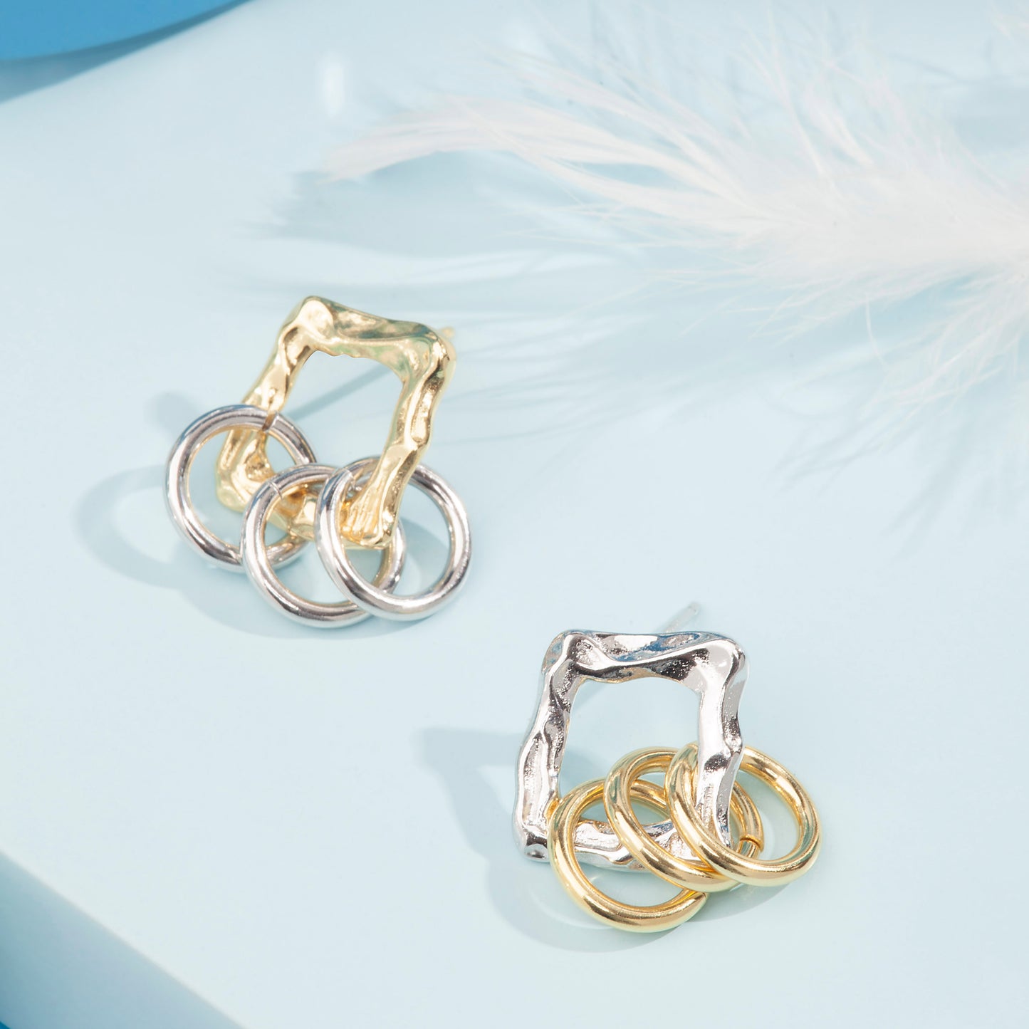 'Square Rings' Gold & Silver Earrings