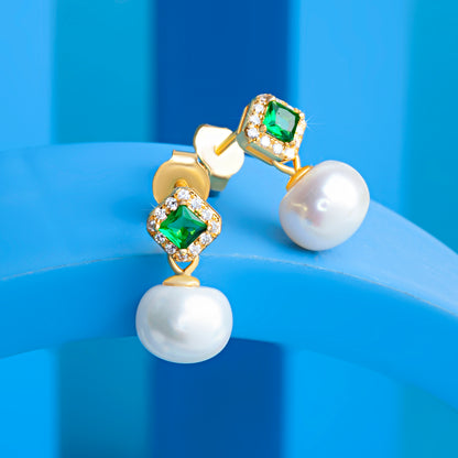 'Luna Pearl & Emerald' Gold Plated Earring