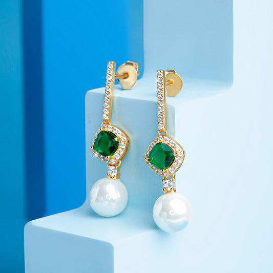 'Enchanted Pearl Emerald' Gold Plated Earrings