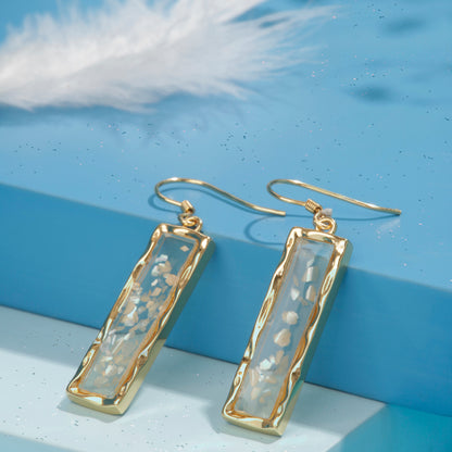 'Rectangular Shell Temperament' Crystal Gravel Gold Plated Earrings