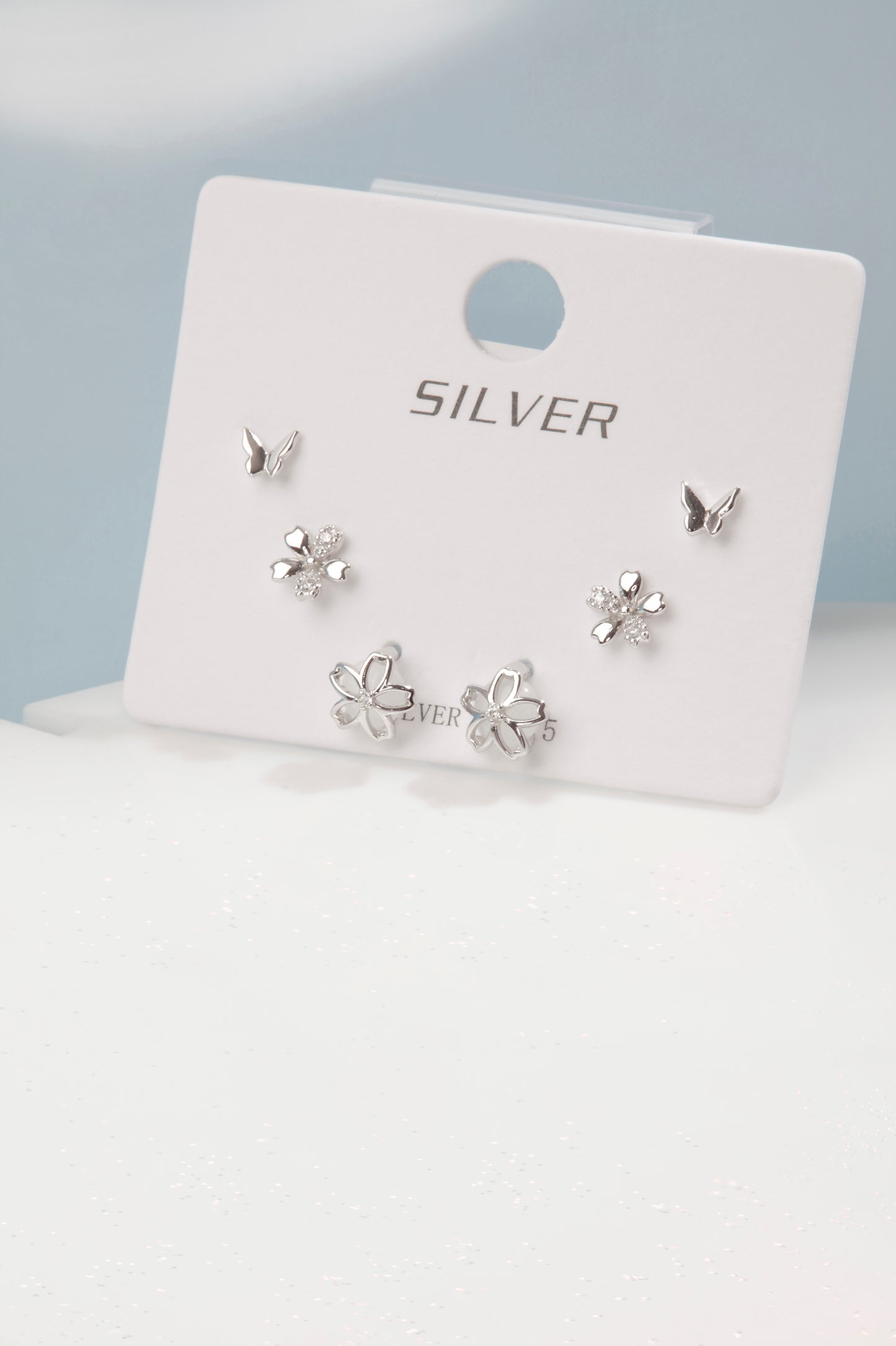 'Butterfly Flower' Silver Stud Set