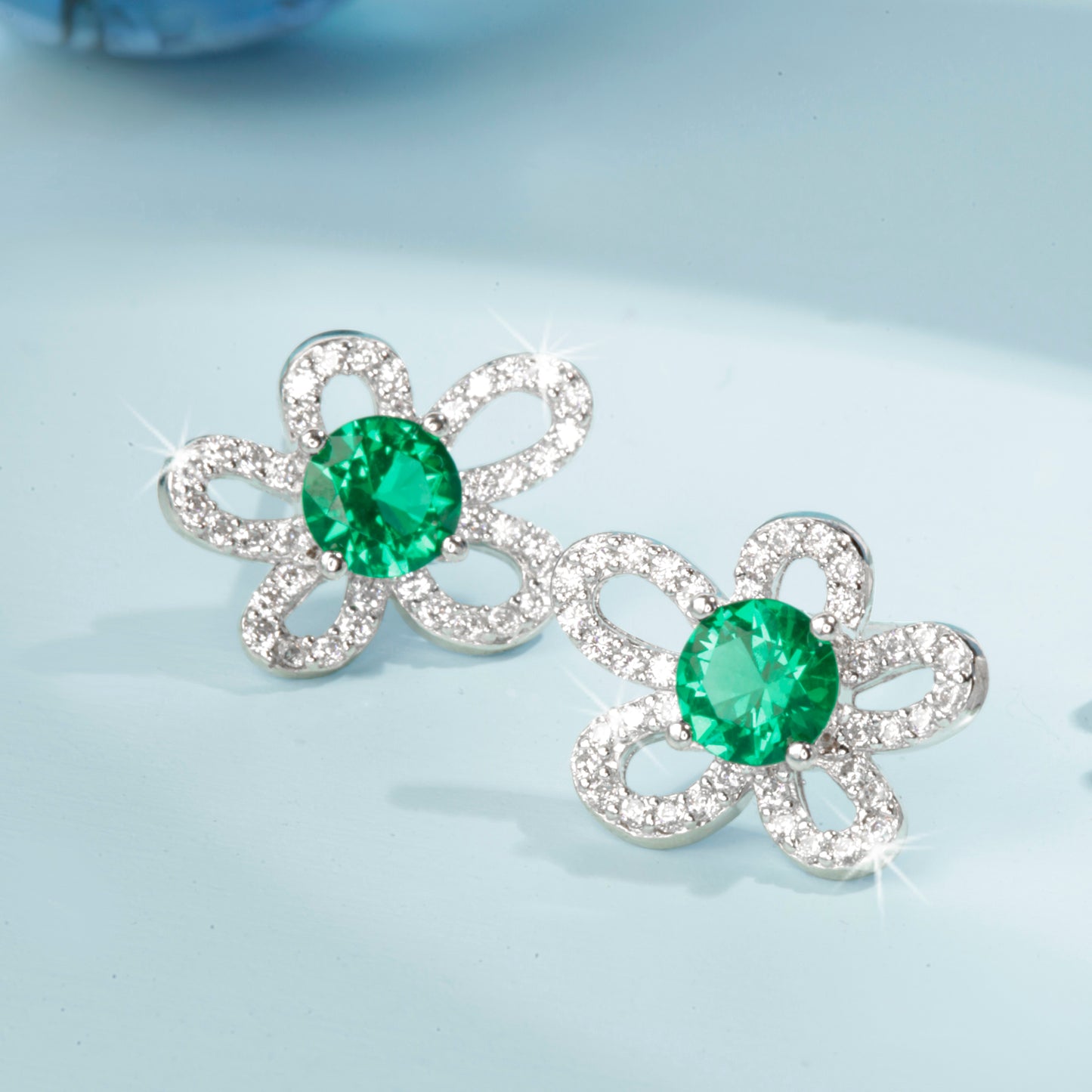 Emerald Flower Silver Earrings