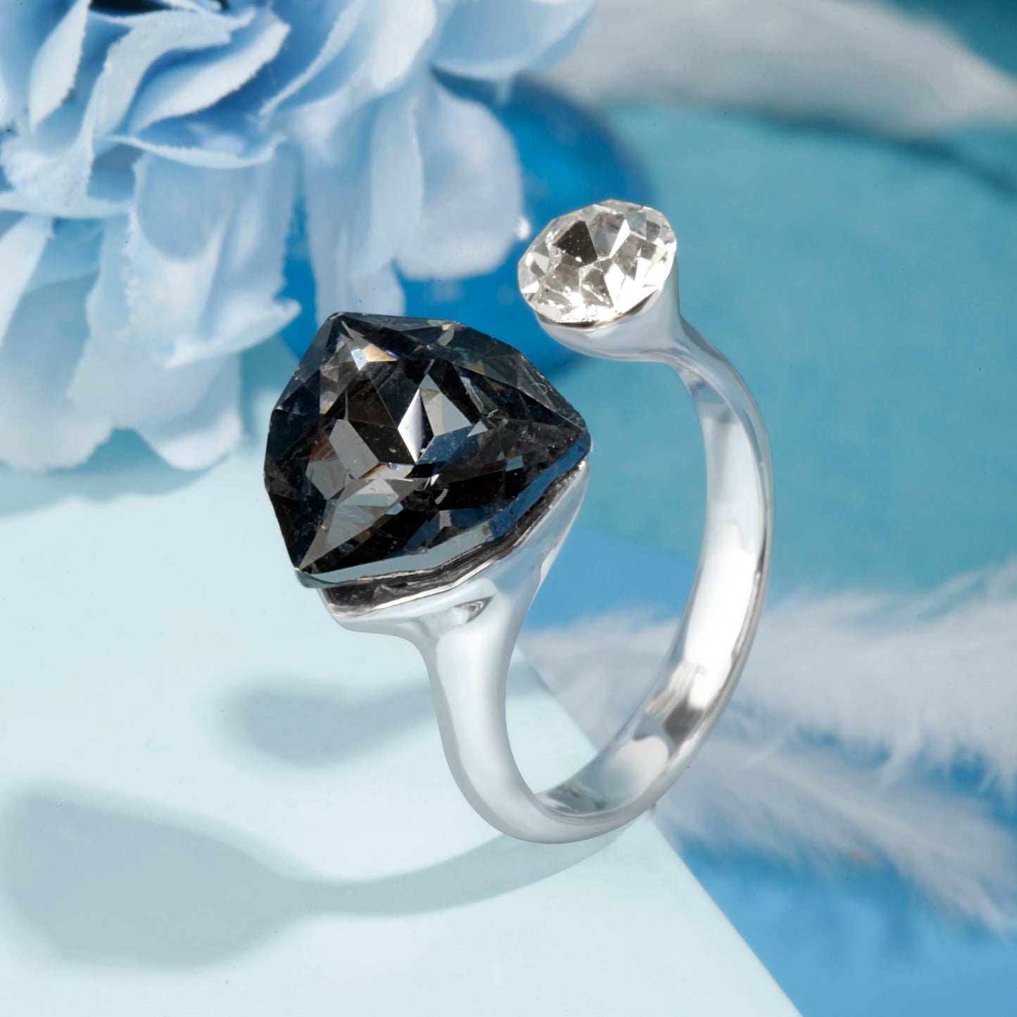 "Black Gemstone Duet" Silver Ring