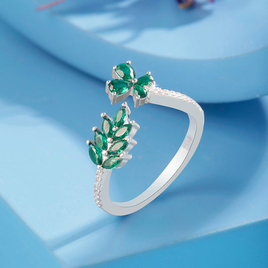 'Green Gemstone' Leafs Silver Ring