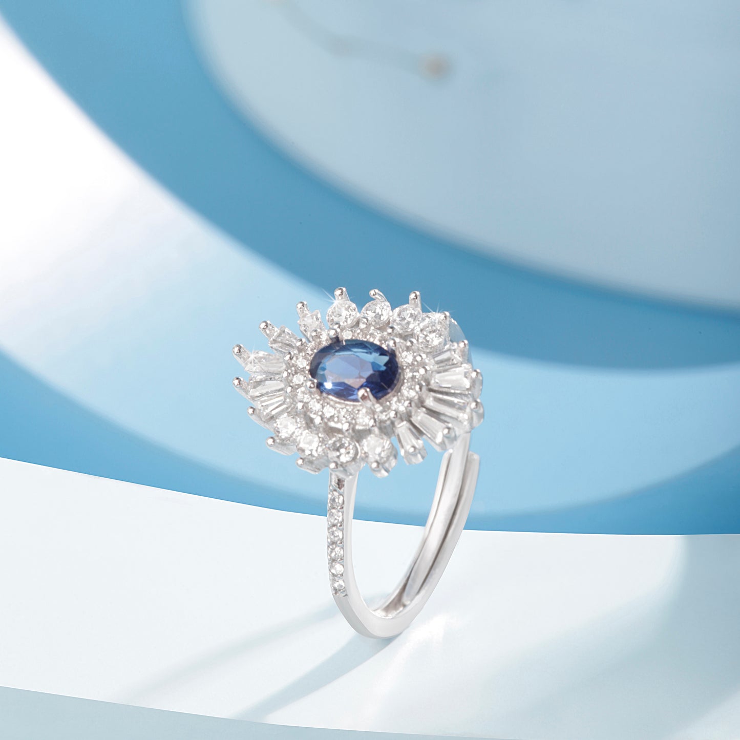 'Blue Sapphire Sunburst' Silver Ring