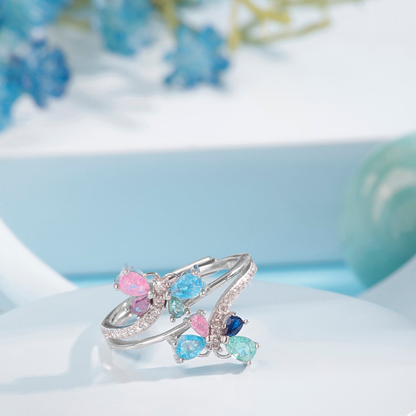 'Multicolor Gemstone' Butterfly Silver Ring