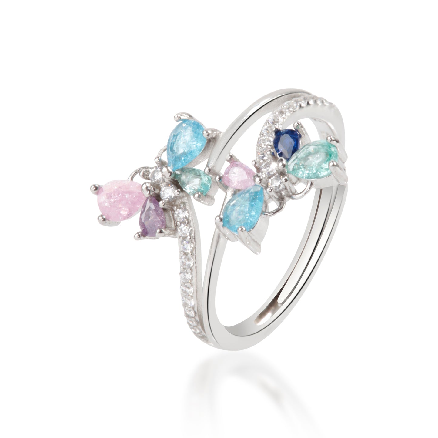 'Multicolor Gemstone' Butterfly Silver Ring