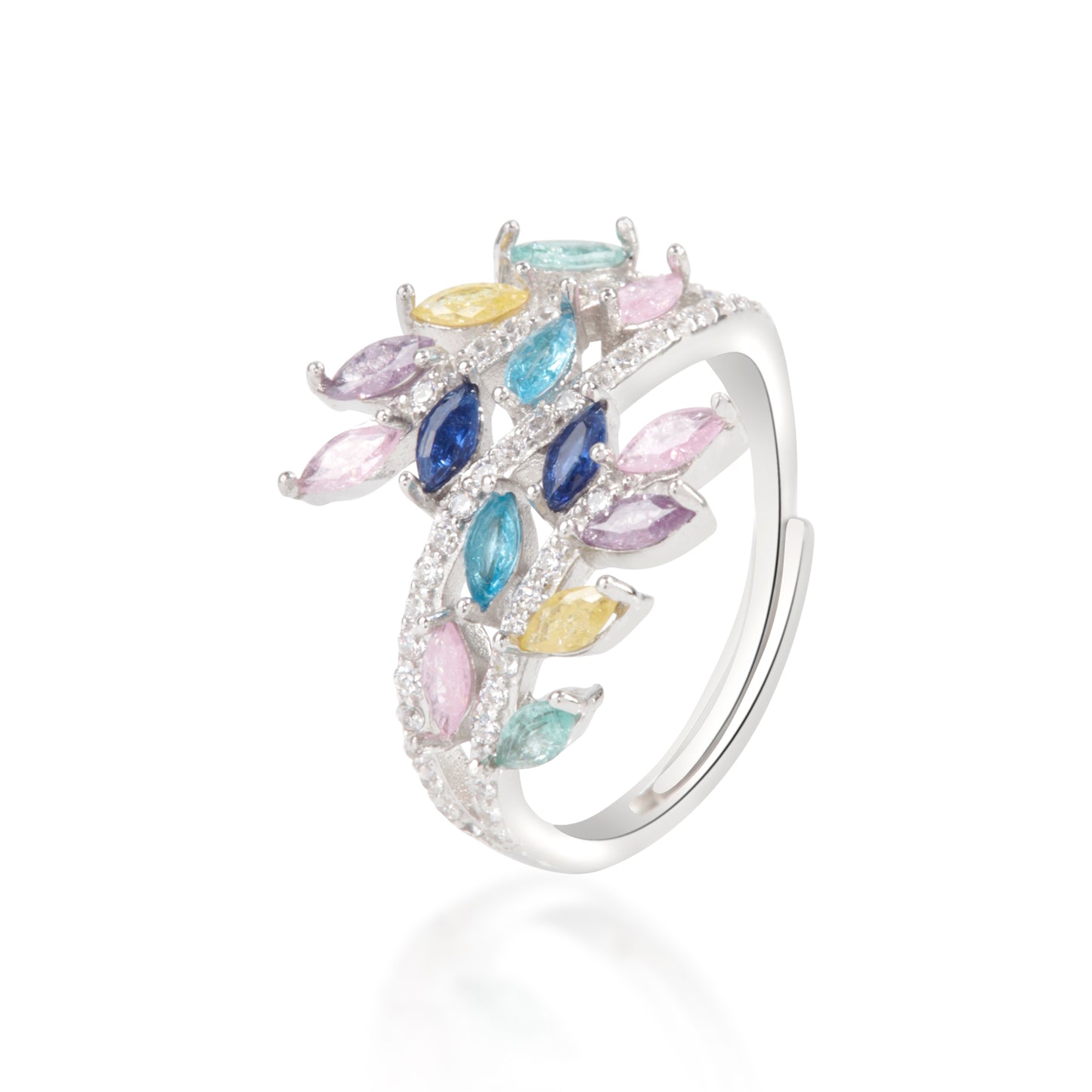 'Multicolor Gemstone' Leafs Silver Ring