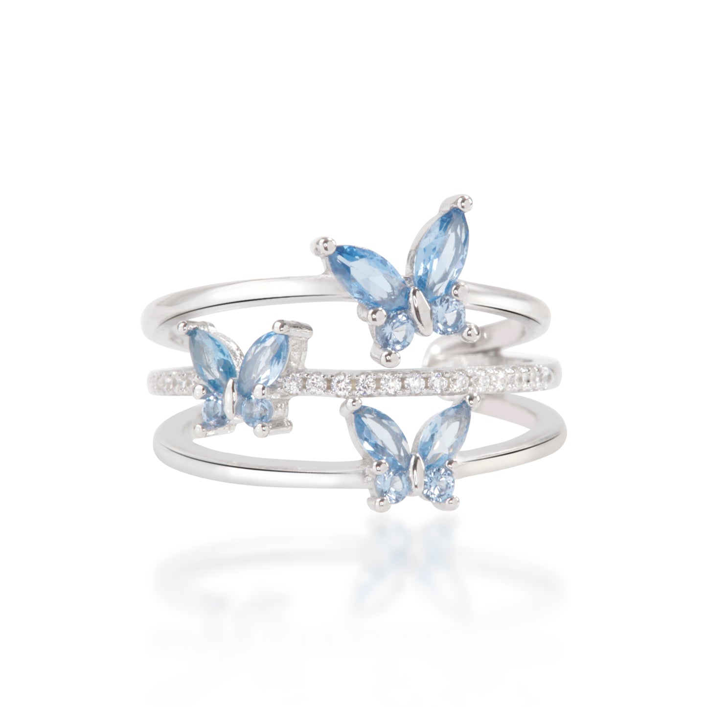 Tri Blue Butterfly' silver ring on white background