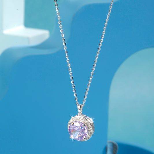 'Round Crystal Purple Gem' Silver Pendant