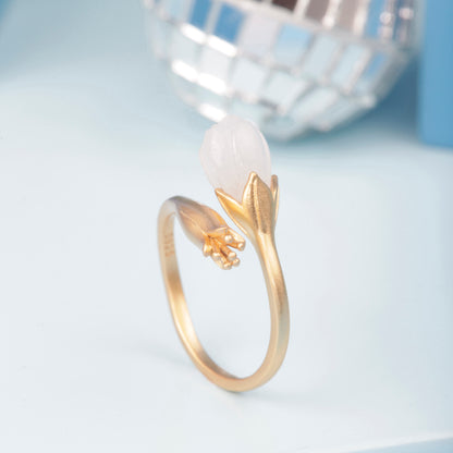 'Nephrite Magnolia' Flower Gold Plated Ring