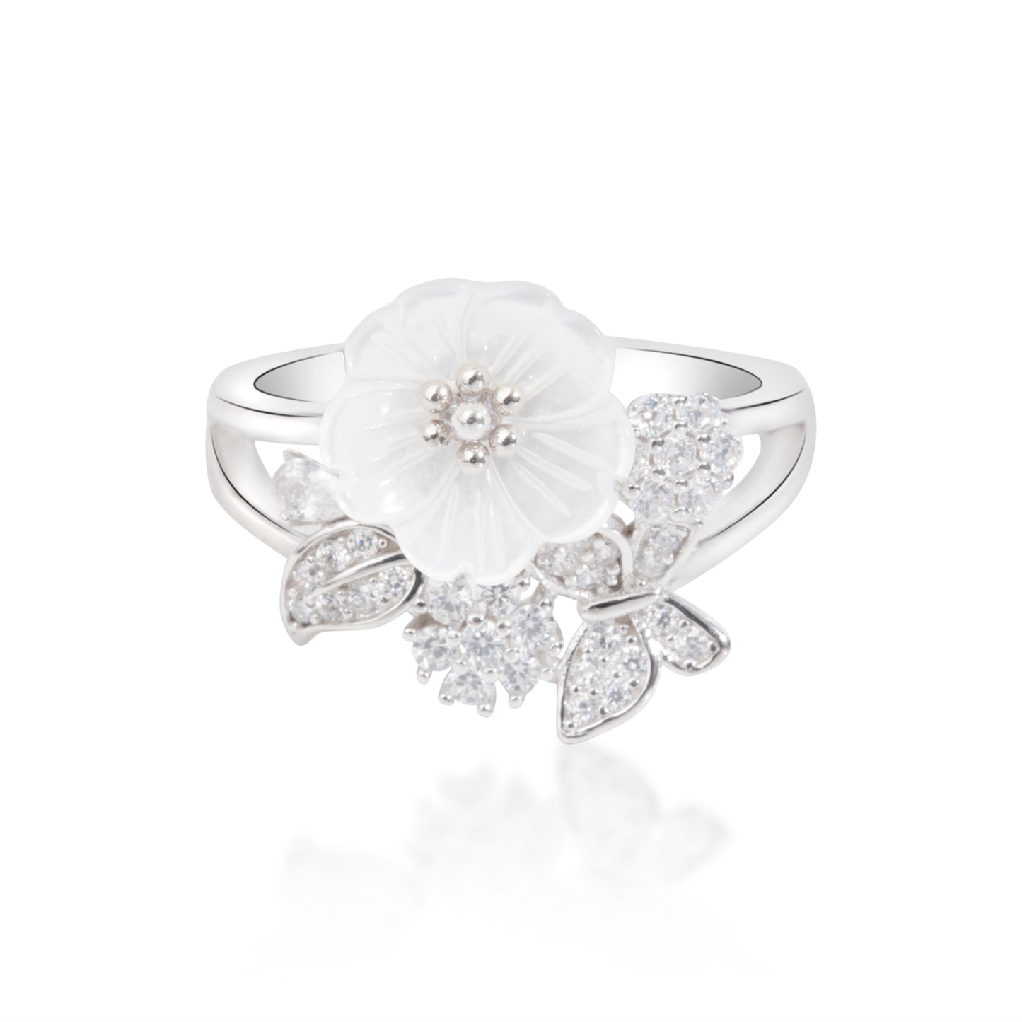 'Pristine White' Flower Silver Ring