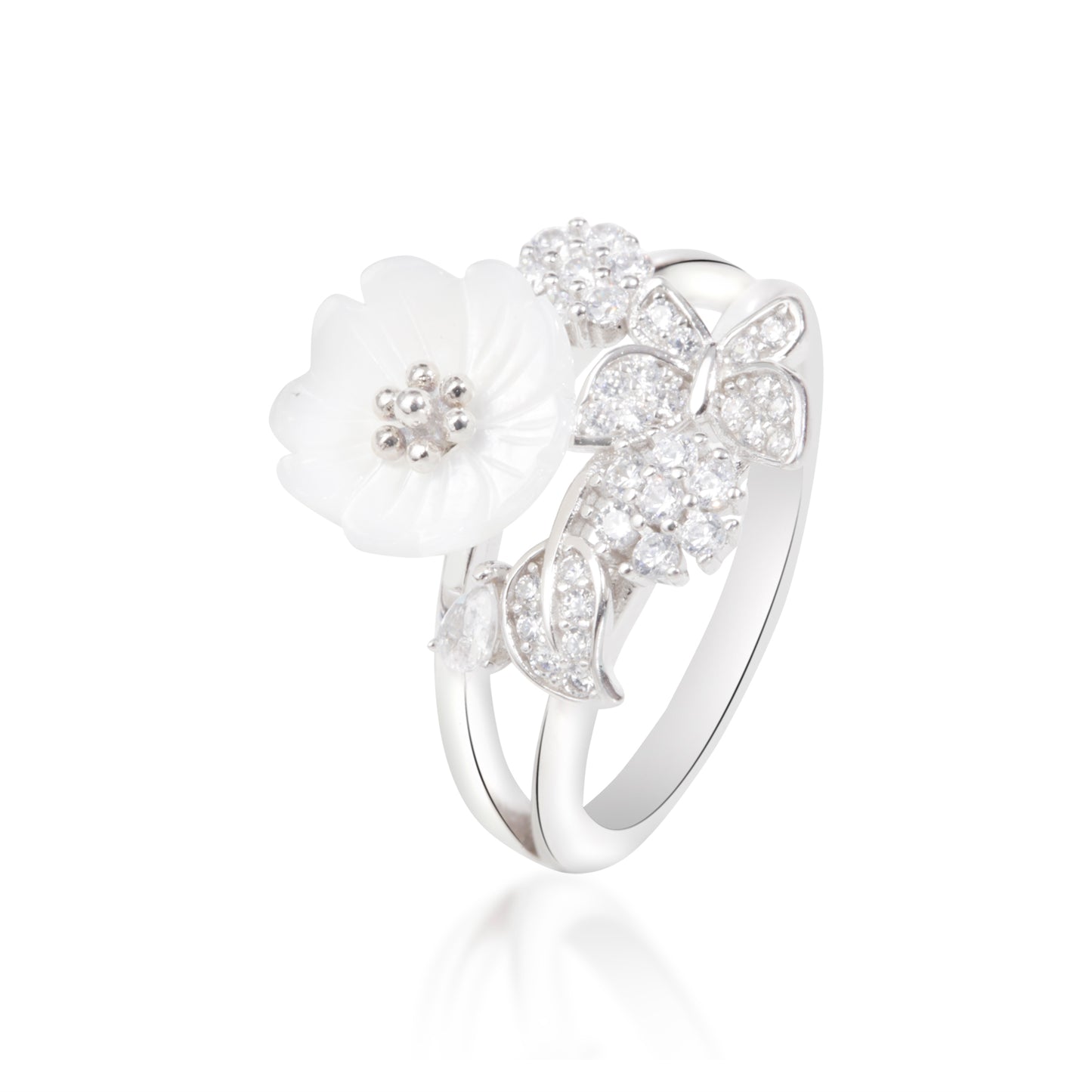 'Pristine White' Flower Silver Ring