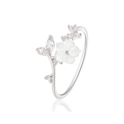 'White Flower Stone Leafs' Silver Ring