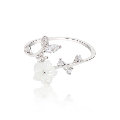 'White Flower Stone Leafs' Silver Ring