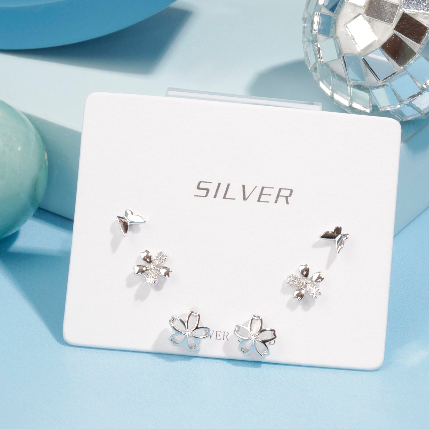 'Butterfly Flower' Silver Stud Set