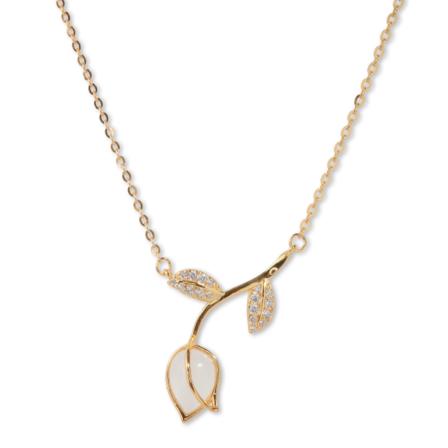 'White Tulip Shining Leafs' Gold Plated Pendant