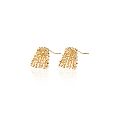 'Hollow Square Basket Weave' Gold Plated Earrings