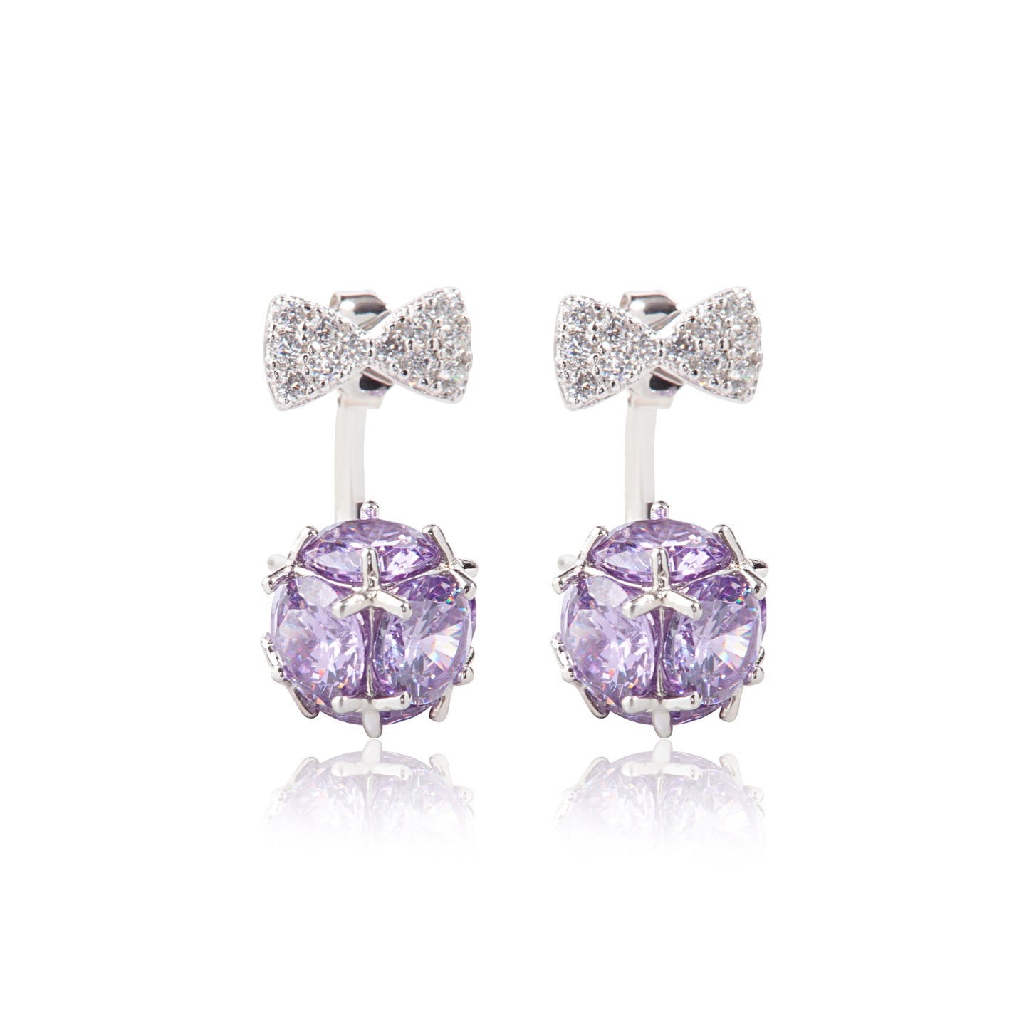 'Silver Plated Bow' with Purple Nug Earrings