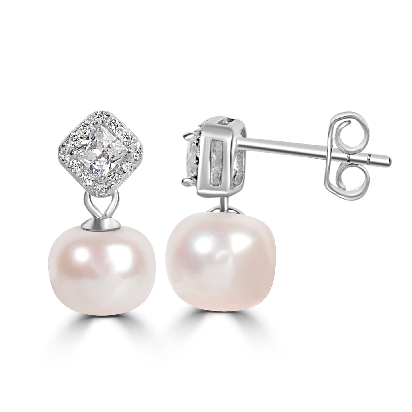 'White Cultured Pearl' Silver Earrings